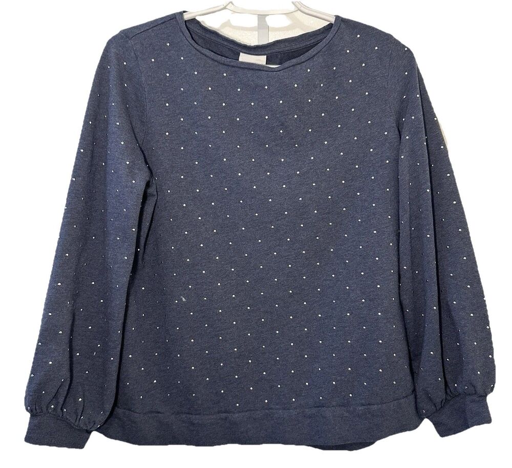 Weekends By Chico’s Blue Rhinestone Stud Sweatshirt Top Size Medium (1) Cotton